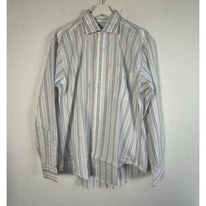 Yves Saint Laurent Mens Striped Button-Up Dress Shirt Size 16 34-35 White Green